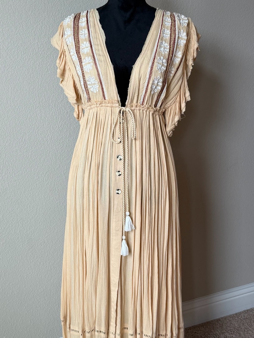 Free People Cream Boho Embroidered V-Neck Maxi Dress